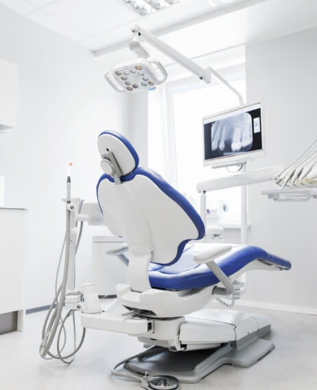 Blue and white dental treatment chair