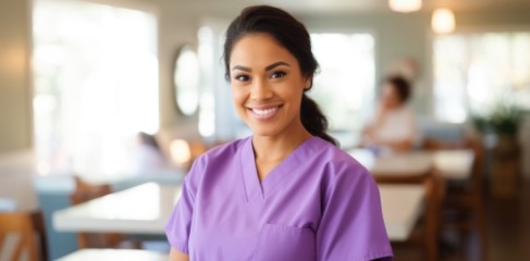 Smiling dental team member in purple scrubs